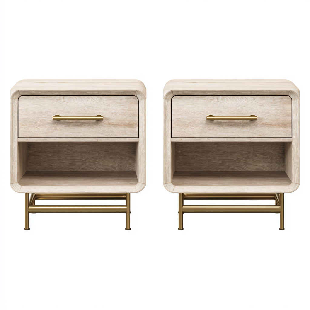 Table de chevet bois et métal 45x40x55 cm beige adaptée à la chambre style moderne-Designena