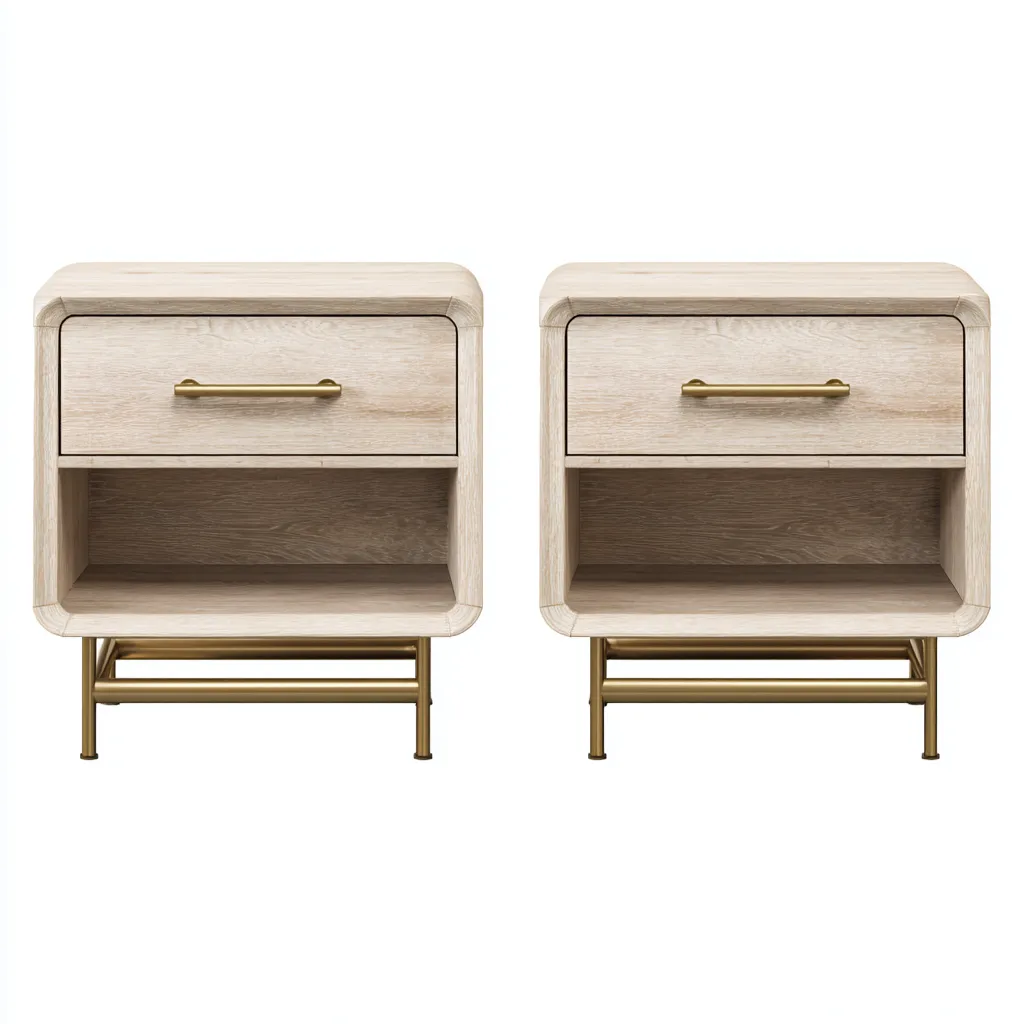 Table de chevet bois et métal 45x40x55 cm beige adaptée à la chambre style moderne-Designena