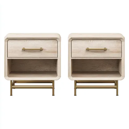 Table de chevet bois et métal 45x40x55 cm beige adaptée à la chambre style moderne-Designena