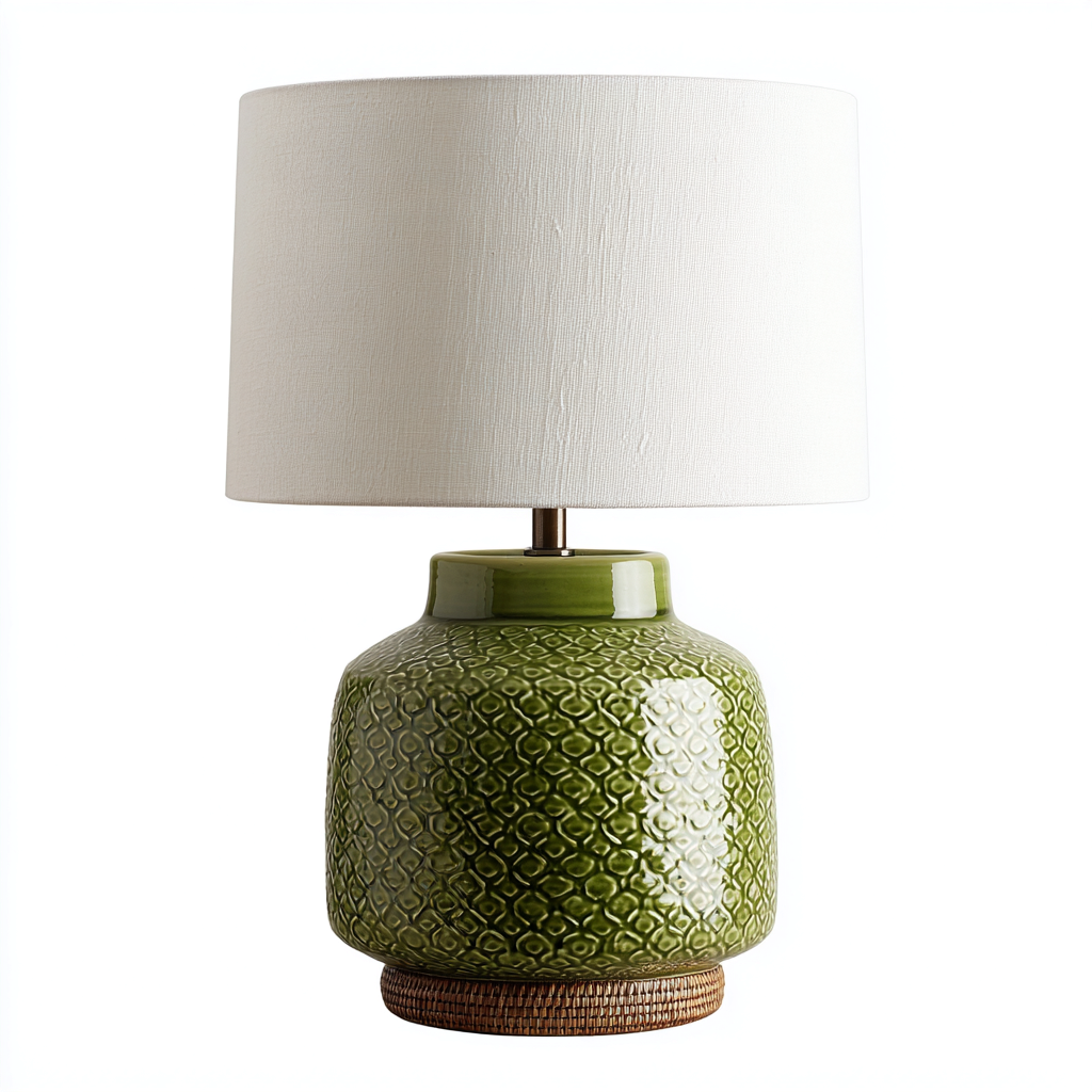 Lampe de table céramique et tissu 28x28x50 cm - vert - blanc - style moderne - éclairage d'appoint pour intérieur-Designena