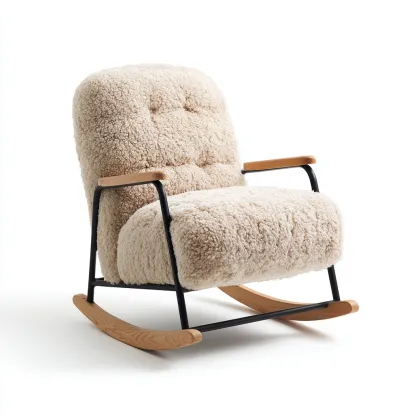 Fauteuil à bascule bouclette - métal 85x75x95 cm - beige - noir - bois - pour salon - style moderne-Designena