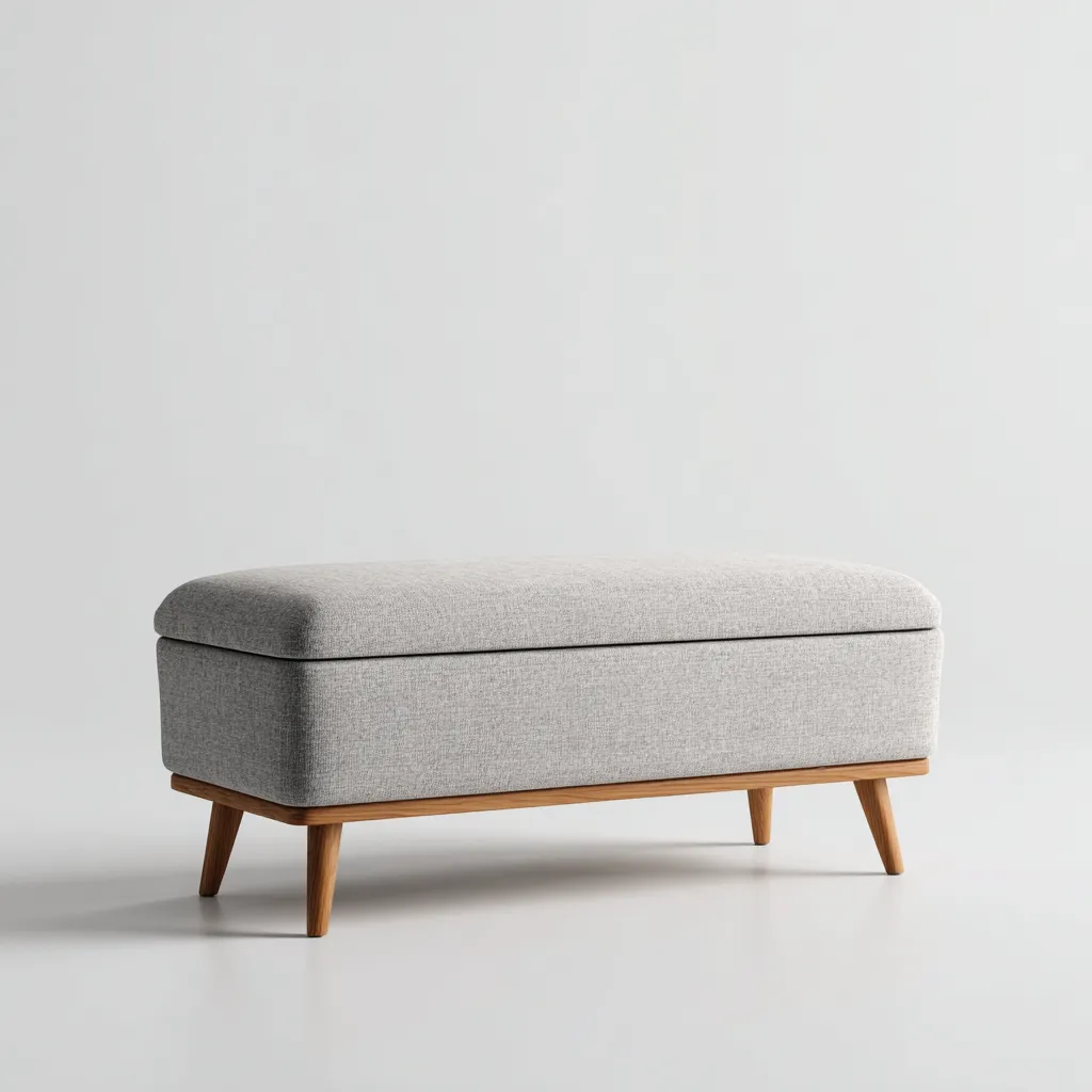 Banc de lit tissu et bois 120x40x45 cm gris clair pour chambre avec coffre de rangement design nordique-Designena