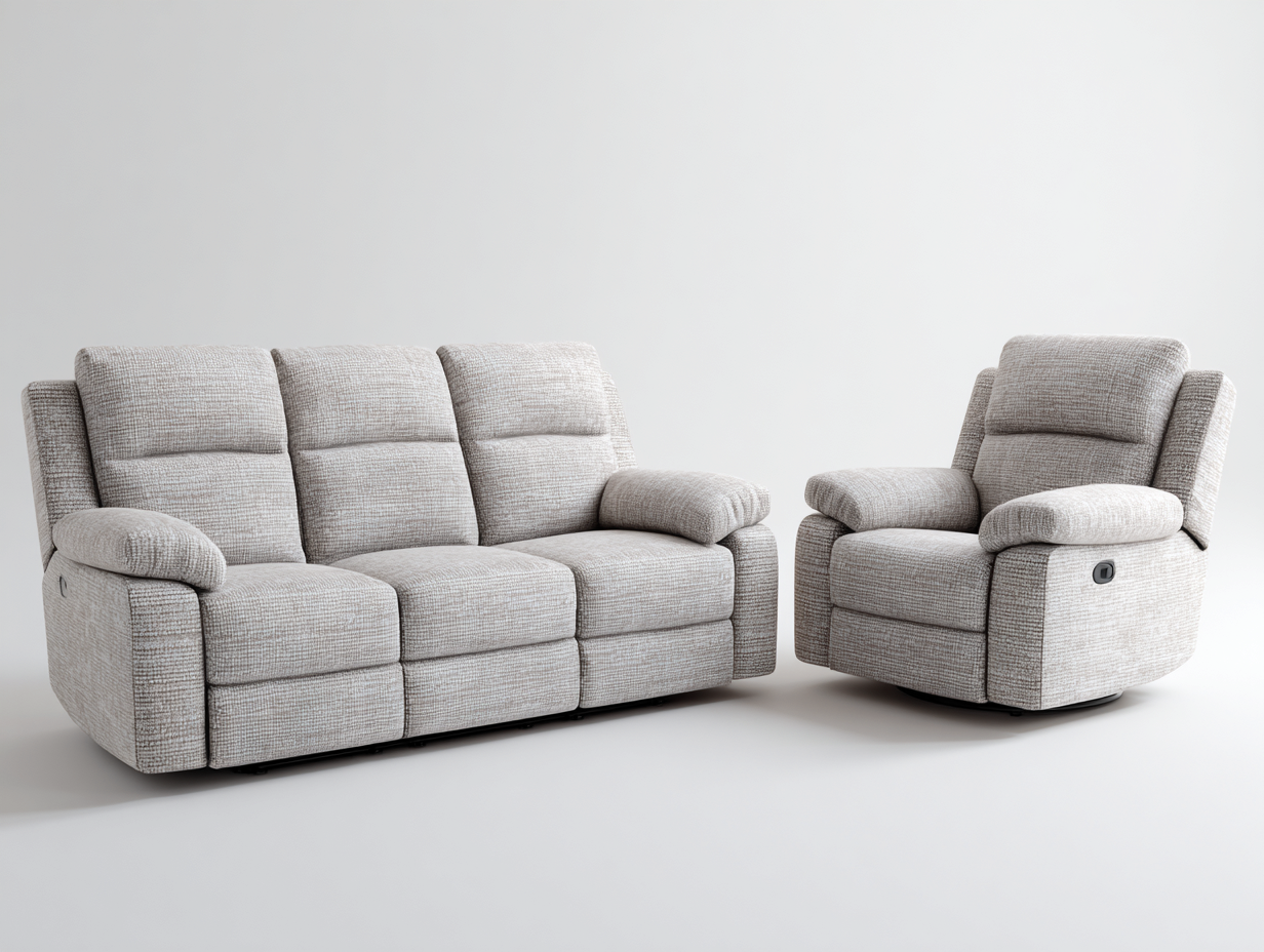 Conjunto de sofá y sillón - tela - sofá 210x95x102 cm - color gris claro - para salón - con función reclinable