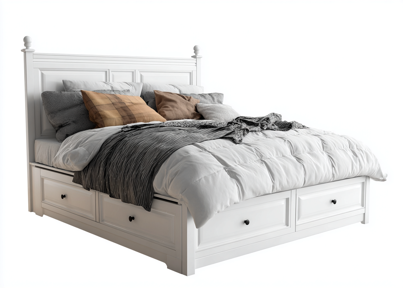 Cama doble de madera 200x160x110 cm - blanca - para dormitorio - con almacenaje - diseño clásico