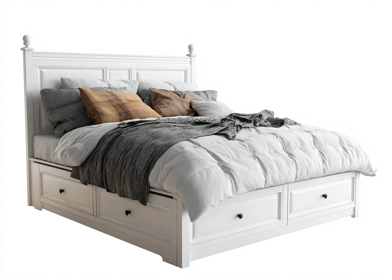 Cama doble de madera 200x160x110 cm - blanca - para dormitorio - con almacenaje - diseño clásico