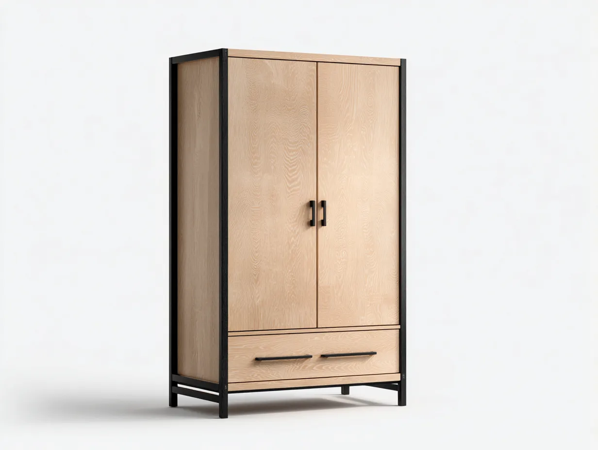 Armario - madera y metal - 90x50x190 cm - color madera natural/negro - para dormitorio - con espacio de almacenamiento