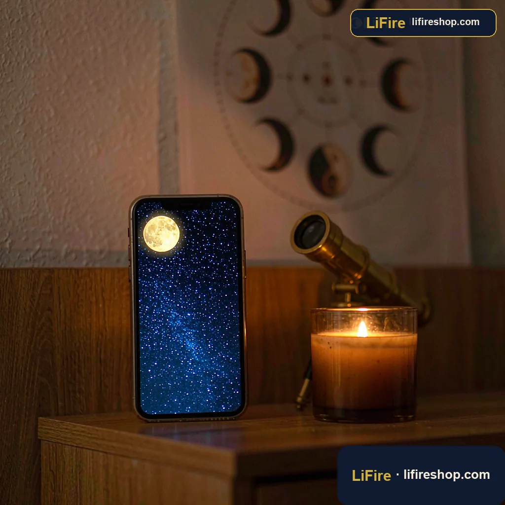 Monthly Moonletter lifestyle scene with smartphone showing the night sky