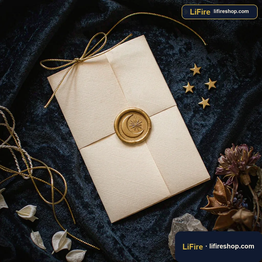 Monthly Moonletter flat lay with envelope, wax seal and moon phase cards