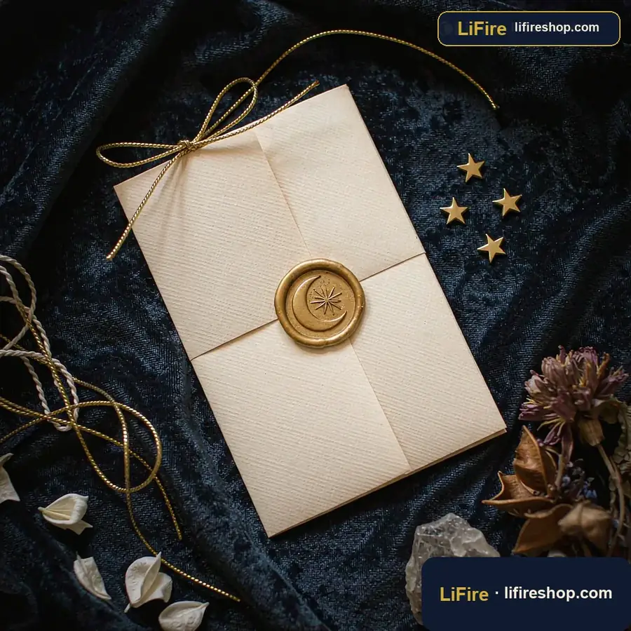 Monthly Moonletter flat lay with envelope, wax seal and moon phase cards
