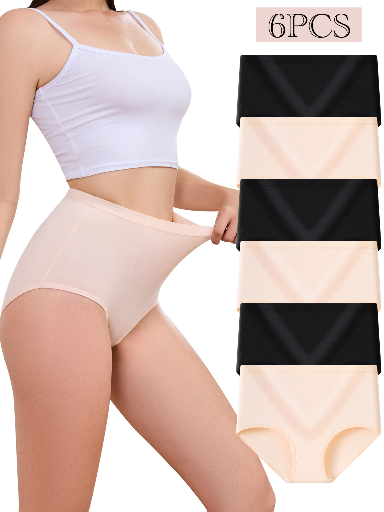 6PCS Women's Panties Solid Color High Waist Full Coverage Panties Soft Breathable Postpartum Panties Stretch Panties