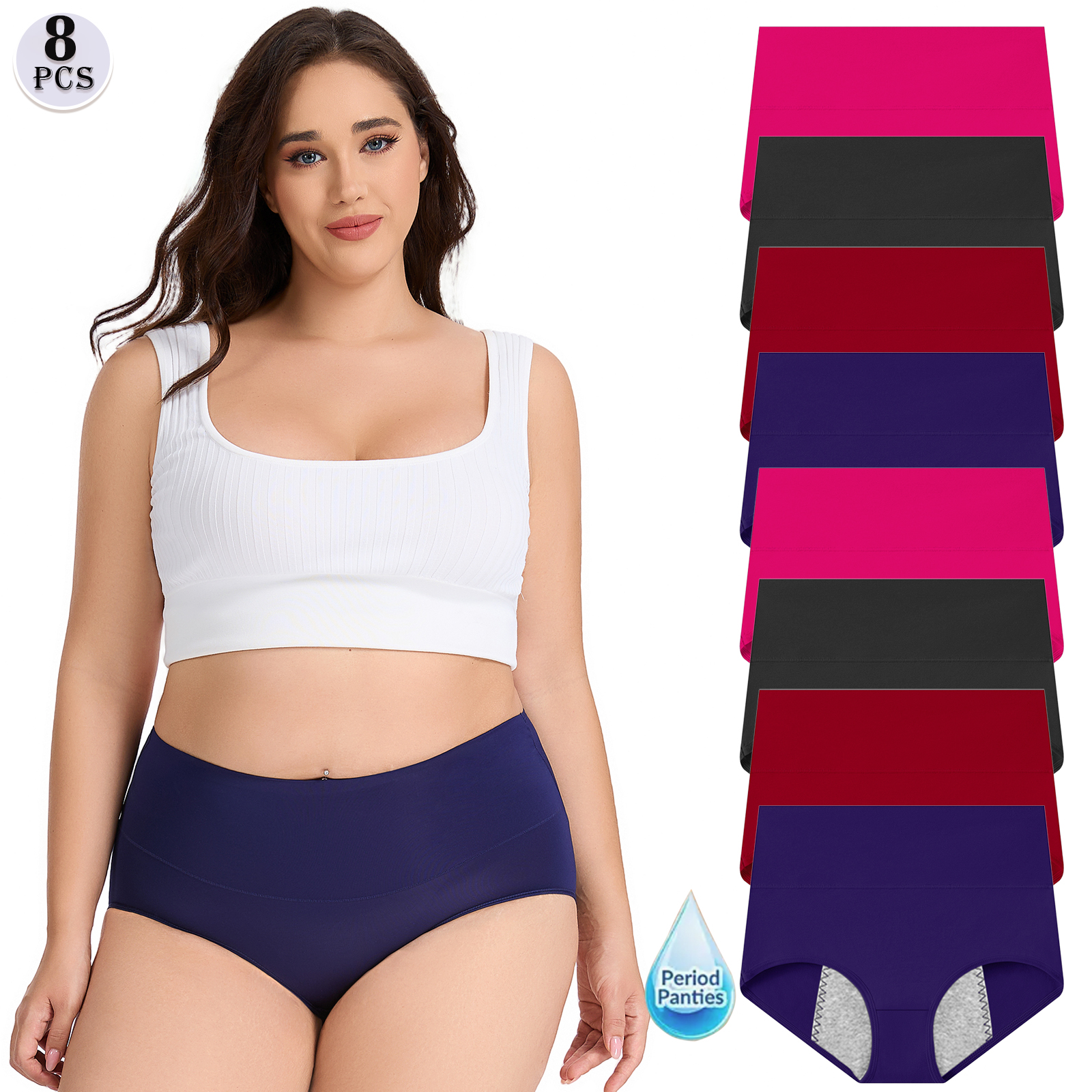 8-piece women's plus-size menstrual underwear - High-waisted breathable mesh leak-proof ice silk seamless tummy pants, light beige elegant style, comfortable for childbirth care, large flow protection, invisible and seamless underwear, soft fabric, close-