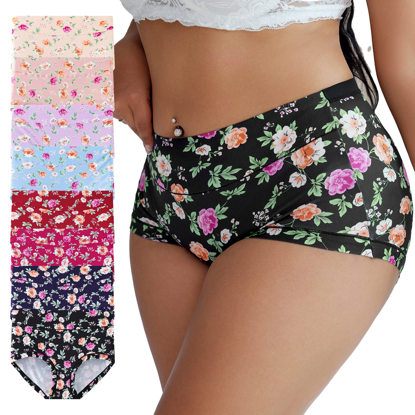 8 pieces of large-sized printed high-waisted women's underwear: comfortable, soft, breathable, simple underwear for lifting the abdomen and hips, high-waisted women's underwear