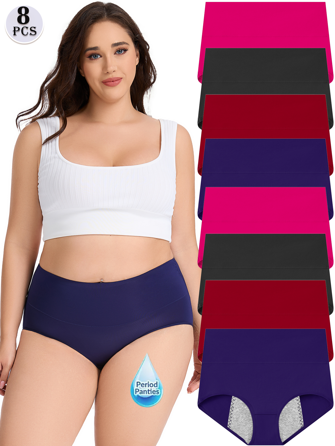 8-piece women's plus-size menstrual underwear - High-waisted breathable mesh leak-proof ice silk seamless tummy pants, light beige elegant style, comfortable for childbirth care, large flow protection, invisible and seamless underwear, soft fabric, close-