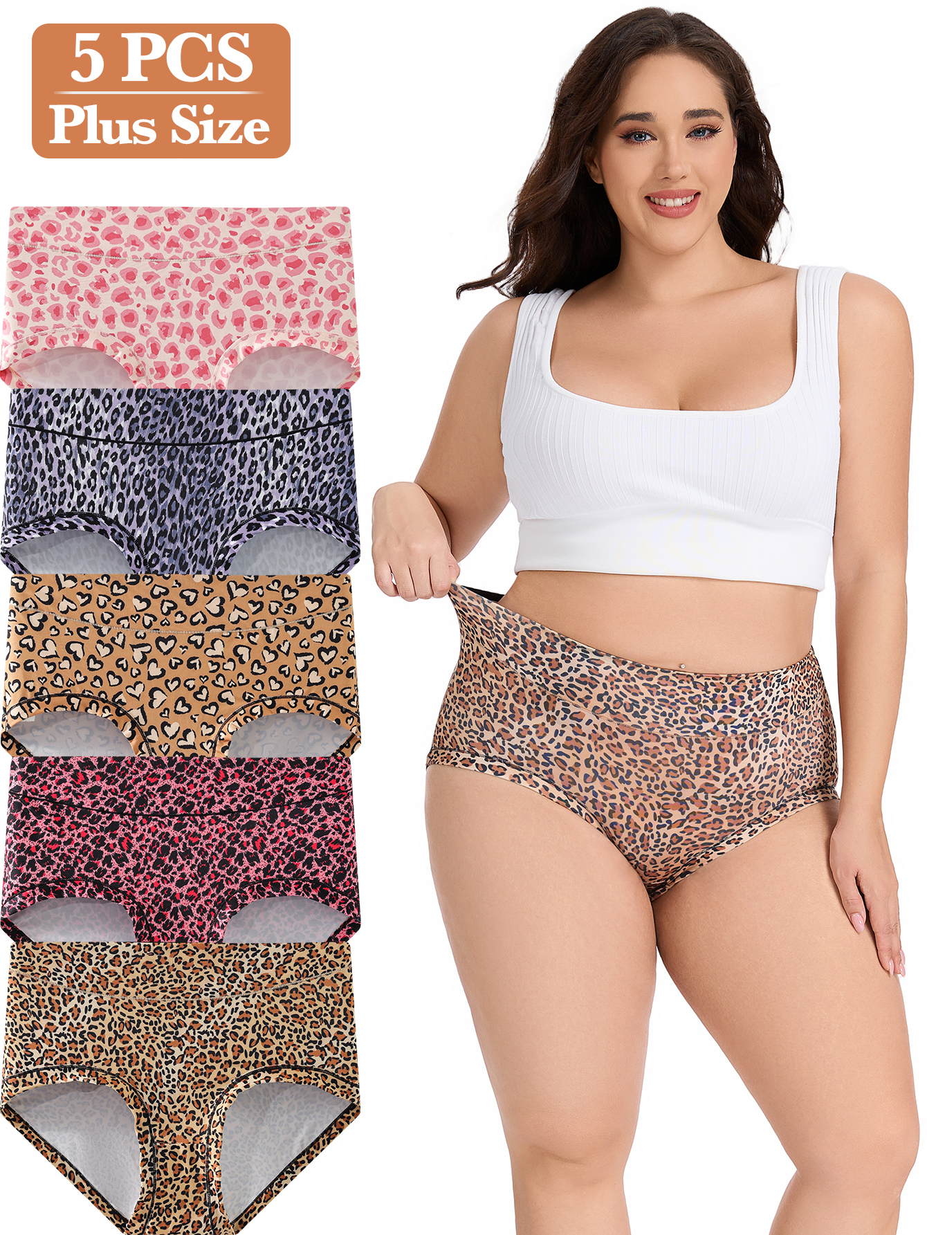 5PCS high-waisted and sized belt-controlled lingerie soft and pants are daily comfortable animal-patterned women's underwear