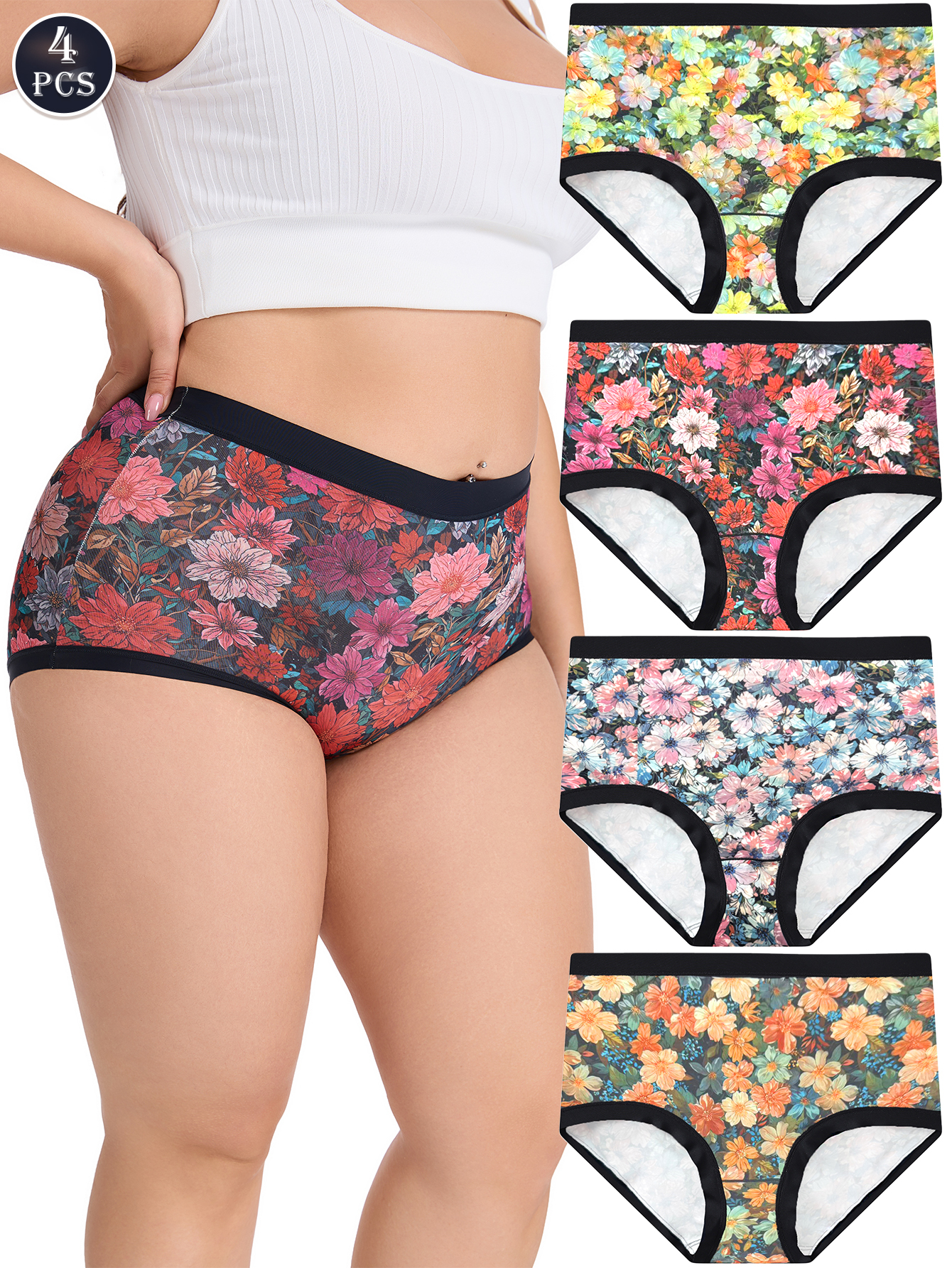 4PCS Women's High-Waisted Plus Size Tummy Control Underwear Soft Lace Hipster Panties for Daily Comfort