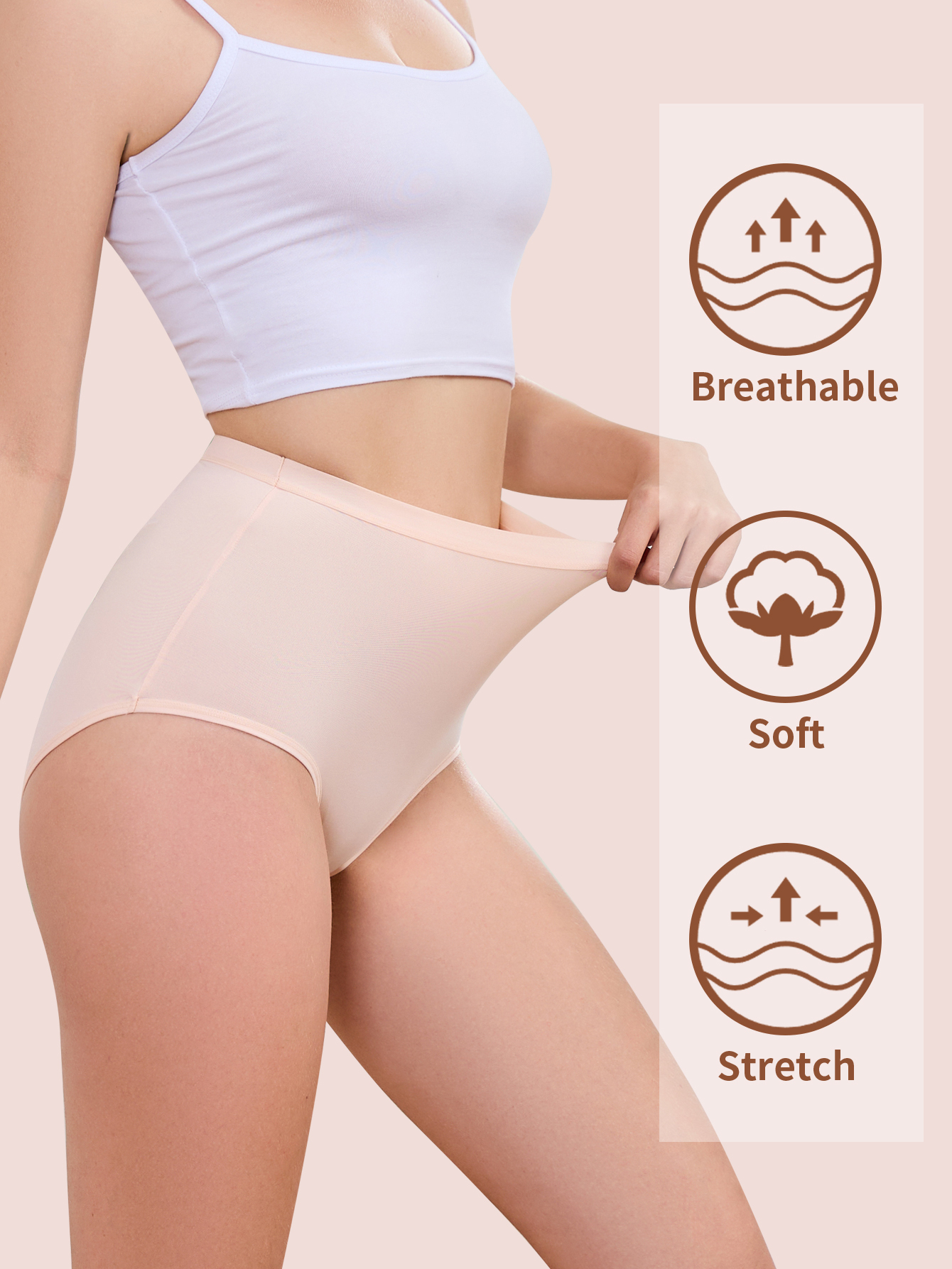 6PCS Women's Panties Solid Color High Waist Full Coverage Panties Soft Breathable Postpartum Panties Stretch Panties