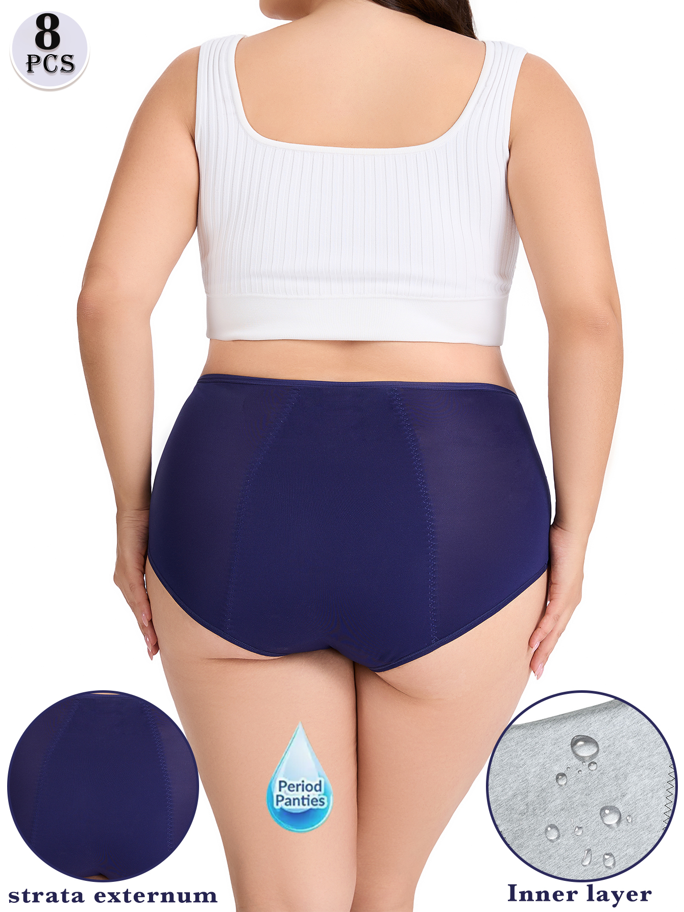 8-piece women's plus-size menstrual underwear - High-waisted breathable mesh leak-proof ice silk seamless tummy pants, light beige elegant style, comfortable for childbirth care, large flow protection, invisible and seamless underwear, soft fabric, close-