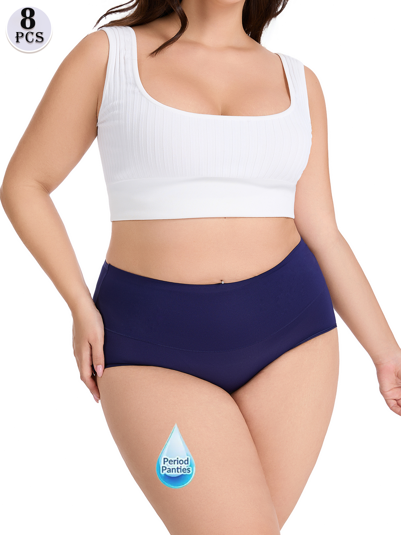 8-piece women's plus-size menstrual underwear - High-waisted breathable mesh leak-proof ice silk seamless tummy pants, light beige elegant style, comfortable for childbirth care, large flow protection, invisible and seamless underwear, soft fabric, close-