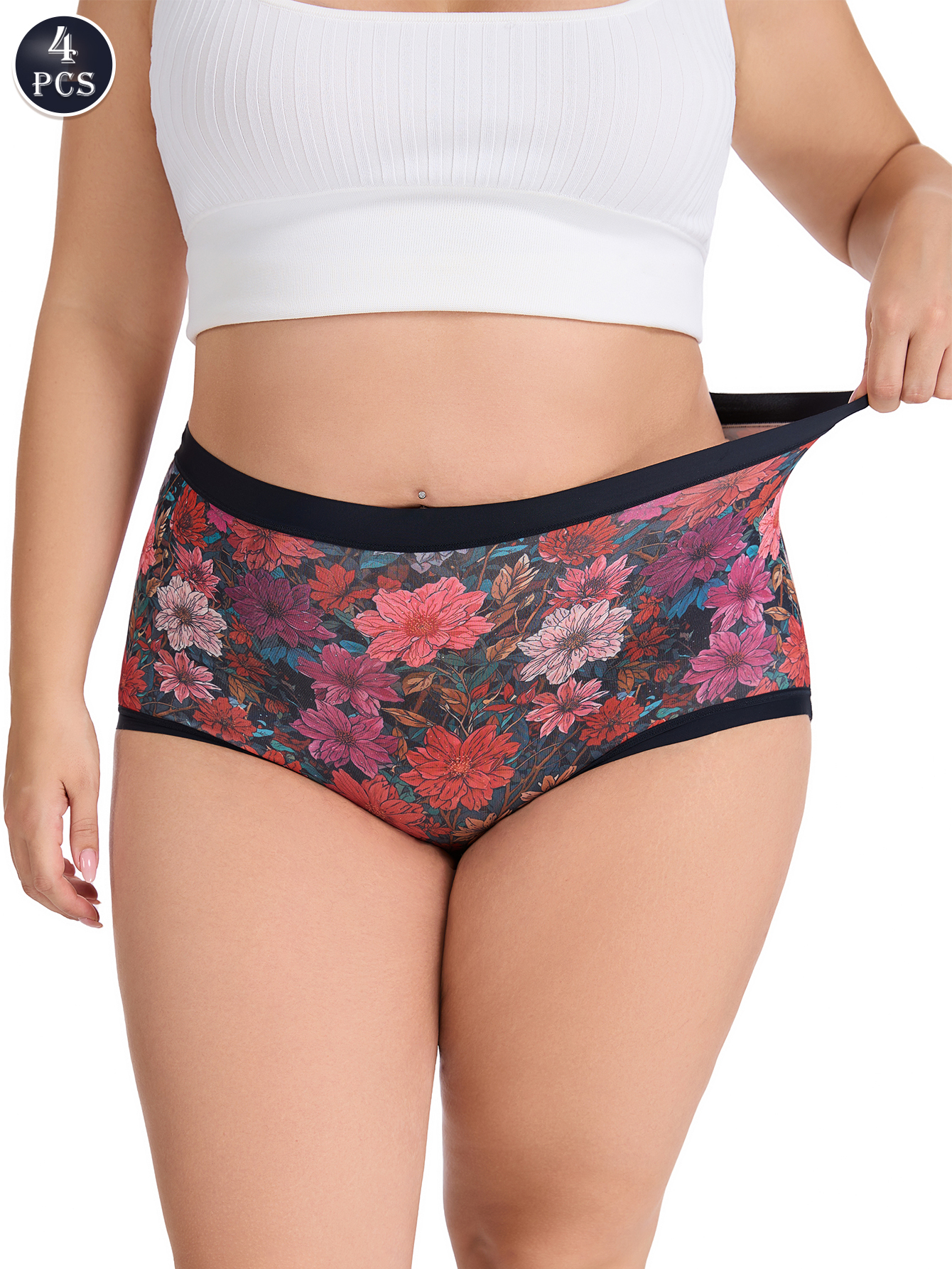 4PCS Women's High-Waisted Plus Size Tummy Control Underwear Soft Lace Hipster Panties for Daily Comfort