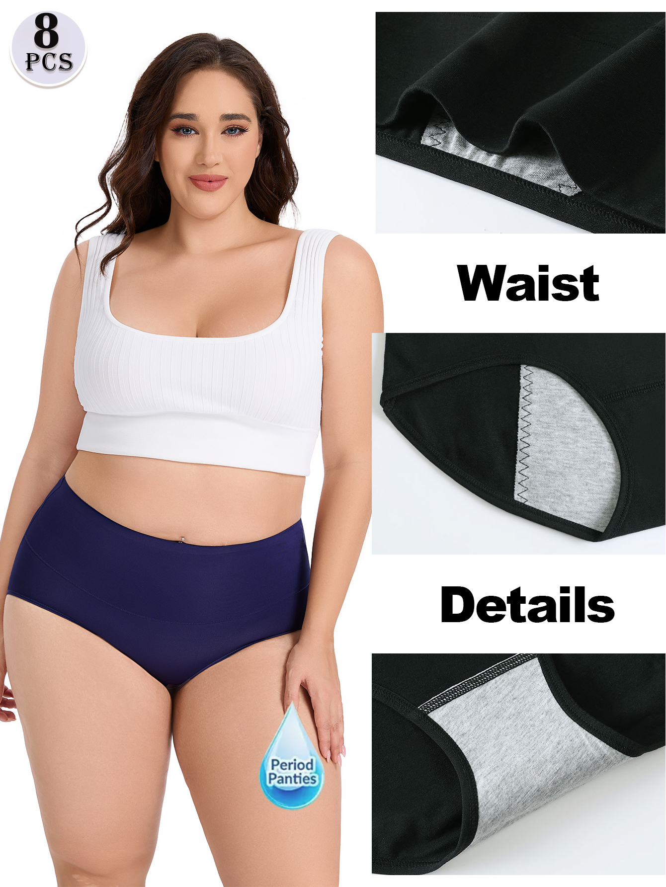 8-piece women's plus-size menstrual underwear - High-waisted breathable mesh leak-proof ice silk seamless tummy pants, light beige elegant style, comfortable for childbirth care, large flow protection, invisible and seamless underwear, soft fabric, close-