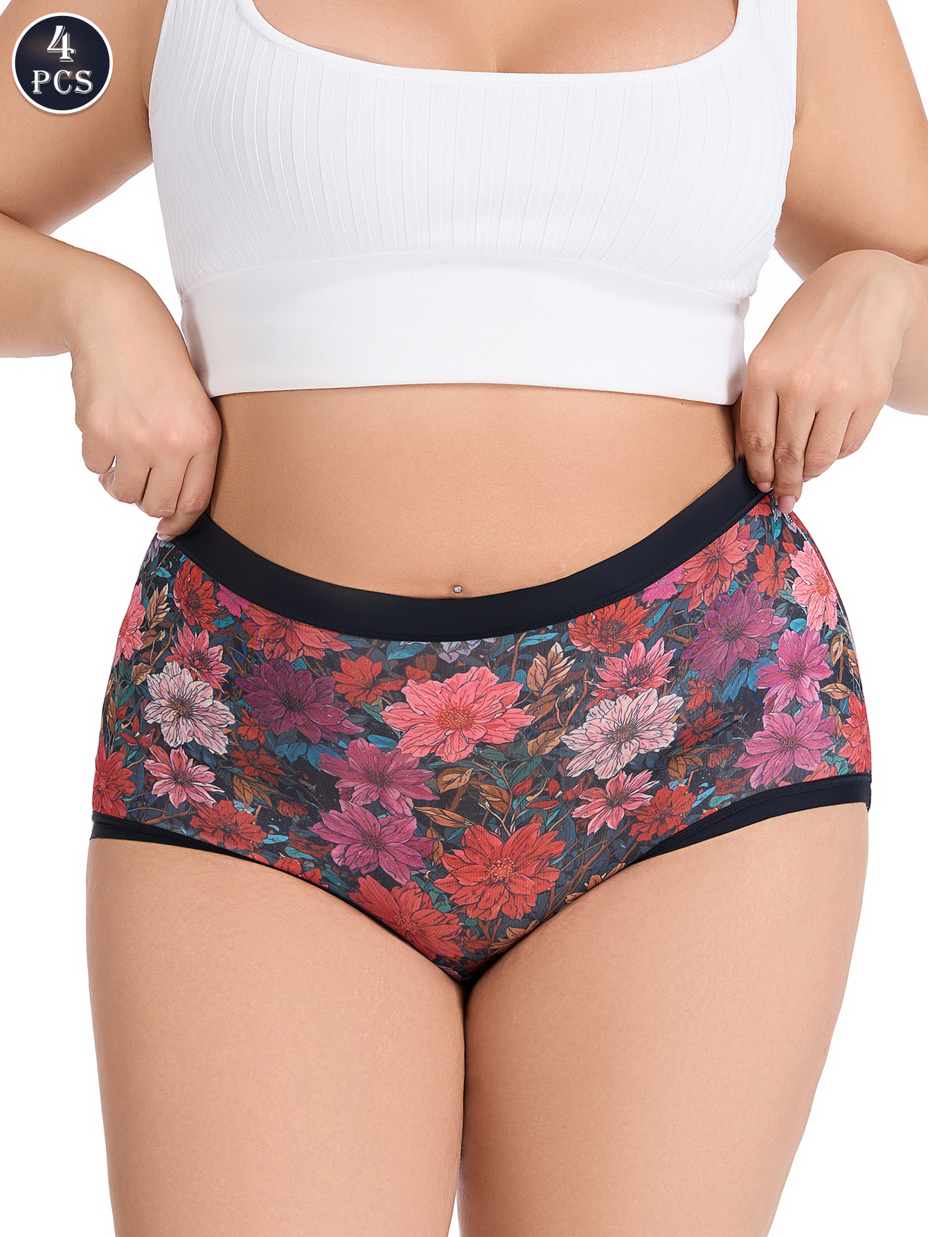 4PCS Women's High-Waisted Plus Size Tummy Control Underwear Soft Lace Hipster Panties for Daily Comfort