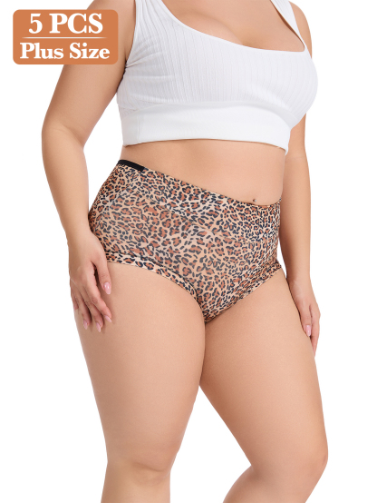 5PCS high-waisted and sized belt-controlled lingerie soft and pants are daily comfortable animal-patterned women's underwear