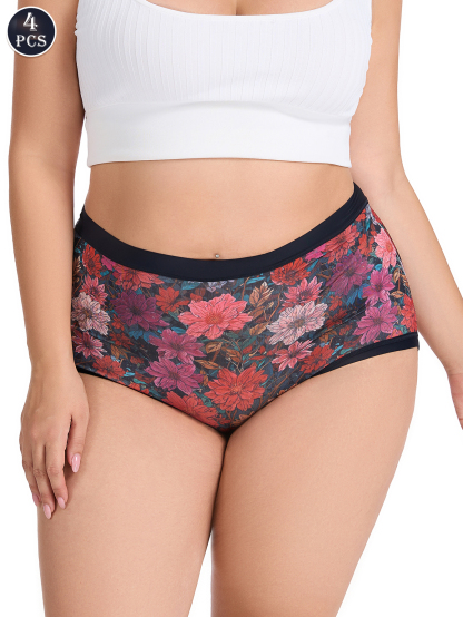 4PCS Women's High-Waisted Plus Size Tummy Control Underwear Soft Lace Hipster Panties for Daily Comfort