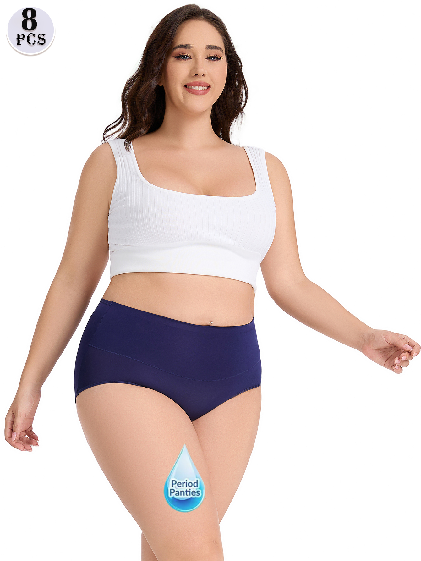 8-piece women's plus-size menstrual underwear - High-waisted breathable mesh leak-proof ice silk seamless tummy pants, light beige elegant style, comfortable for childbirth care, large flow protection, invisible and seamless underwear, soft fabric, close-