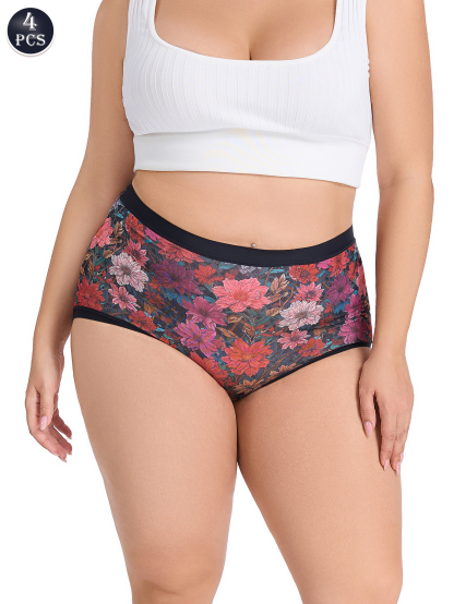 4PCS Women's High-Waisted Plus Size Tummy Control Underwear Soft Lace Hipster Panties for Daily Comfort