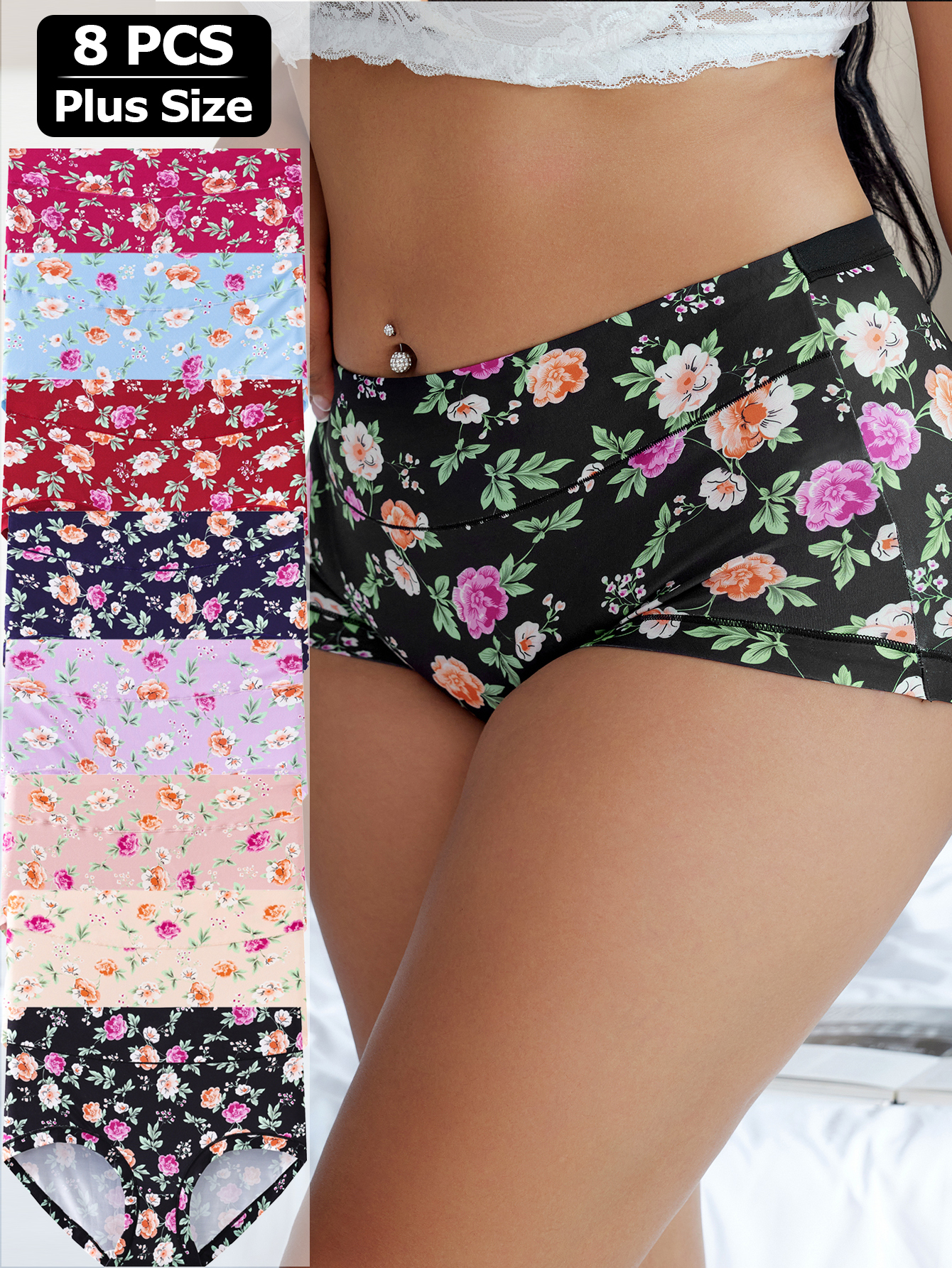 8 pieces of large-sized printed high-waisted women's underwear: comfortable, soft, breathable, simple underwear for lifting the abdomen and hips, high-waisted women's underwear
