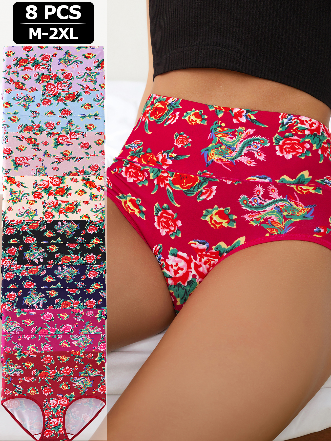 8 pairs of Oriental personality printed underwear high-waisted underwear