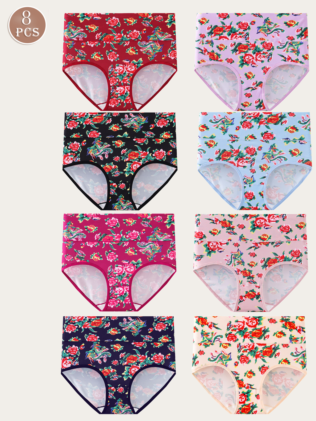 8 pairs of Oriental personality printed underwear high-waisted underwear