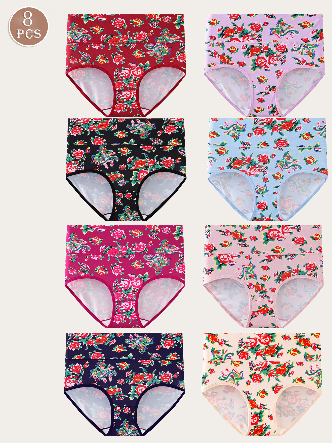 8 pairs of Oriental personality printed underwear high-waisted underwear