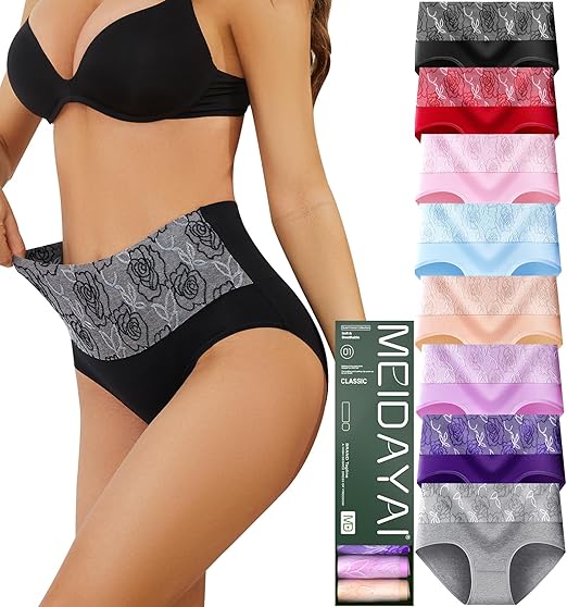 MEIDAYAI Womens Underwear Cotton Tummy Control High Waisted Underwear Soft Breathable Full Coverage Panties Multipack