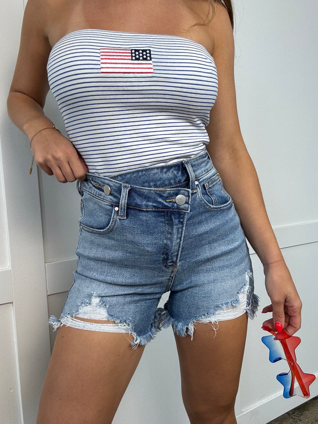 Tummy Control Asymmetrical Distressed Shorts (Buy 2 Free Shipping)