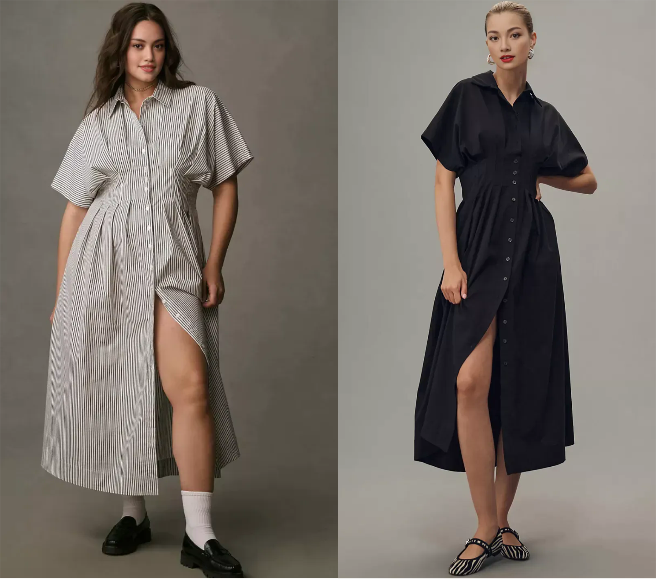 Button-Front Pleated Midi Shirt Dress (Buy 2 Free Shipping)