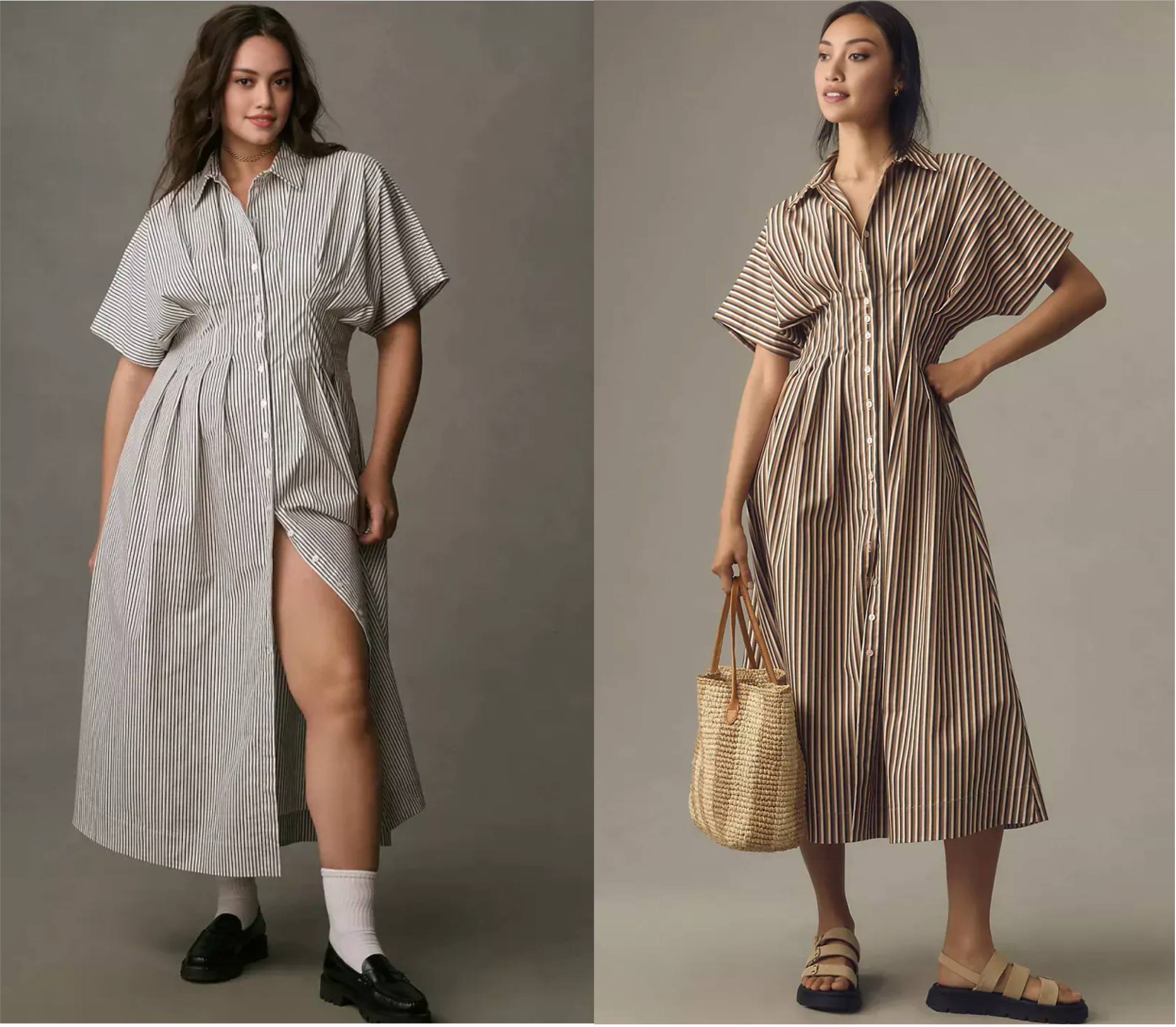 Button-Front Pleated Midi Shirt Dress (Buy 2 Free Shipping)