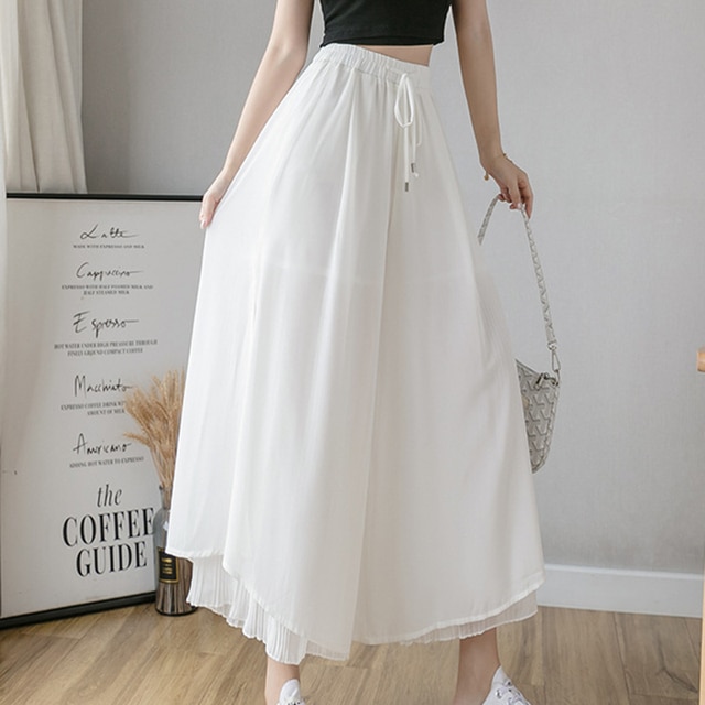 Elastic Wide Leg Pants Women Korean Fashion Chiffon Trousers Summer Casual Loose Pleated Pants Lady High Waist Street Skirt Pan