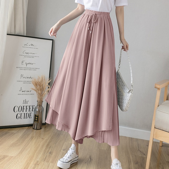 Elastic Wide Leg Pants Women Korean Fashion Chiffon Trousers Summer Casual Loose Pleated Pants Lady High Waist Street Skirt Pan