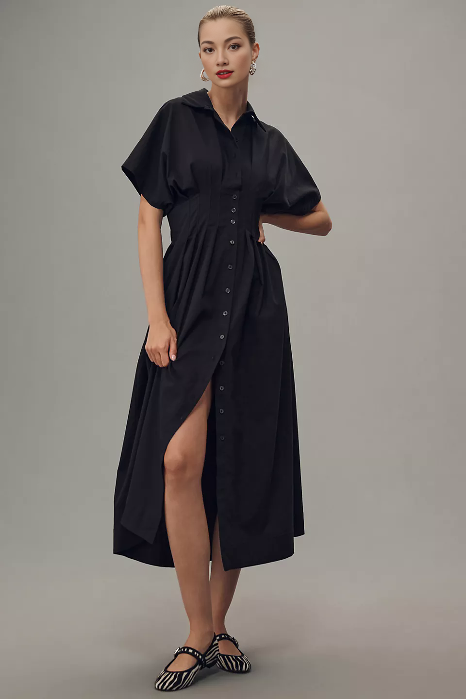 Button-Front Pleated Midi Shirt Dress (Buy 2 Free Shipping)
