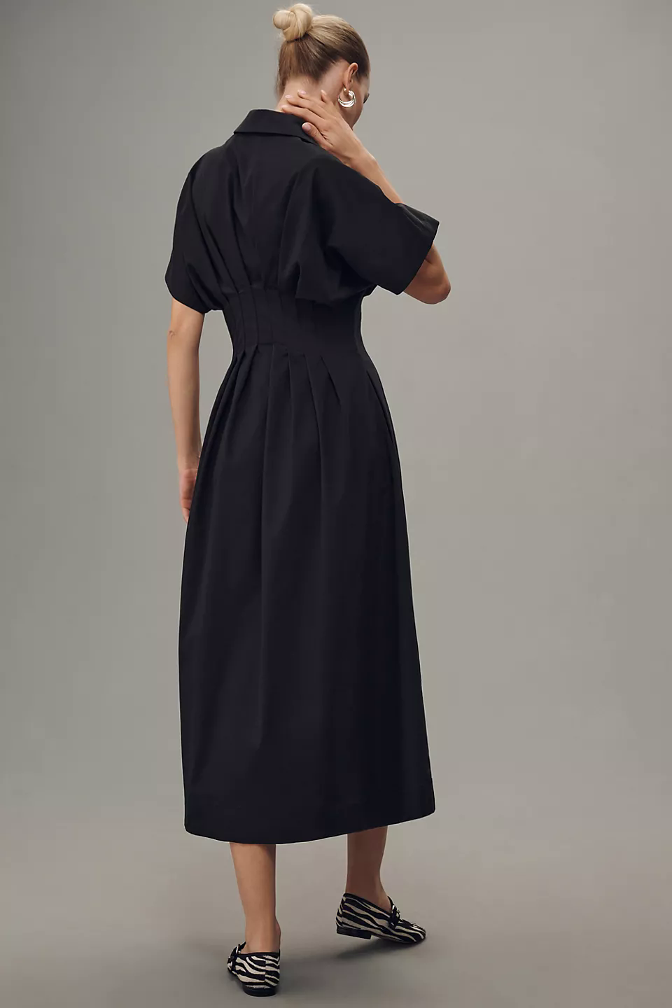 Button-Front Pleated Midi Shirt Dress (Buy 2 Free Shipping)