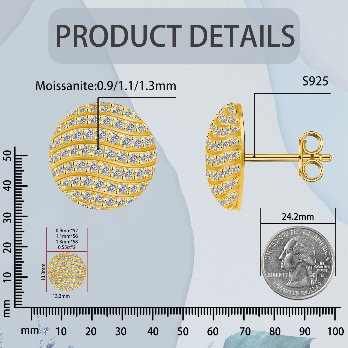 D Color Synthetic Moissanite 1.1ct Round Bling Undular Dome-Shaped Earrings