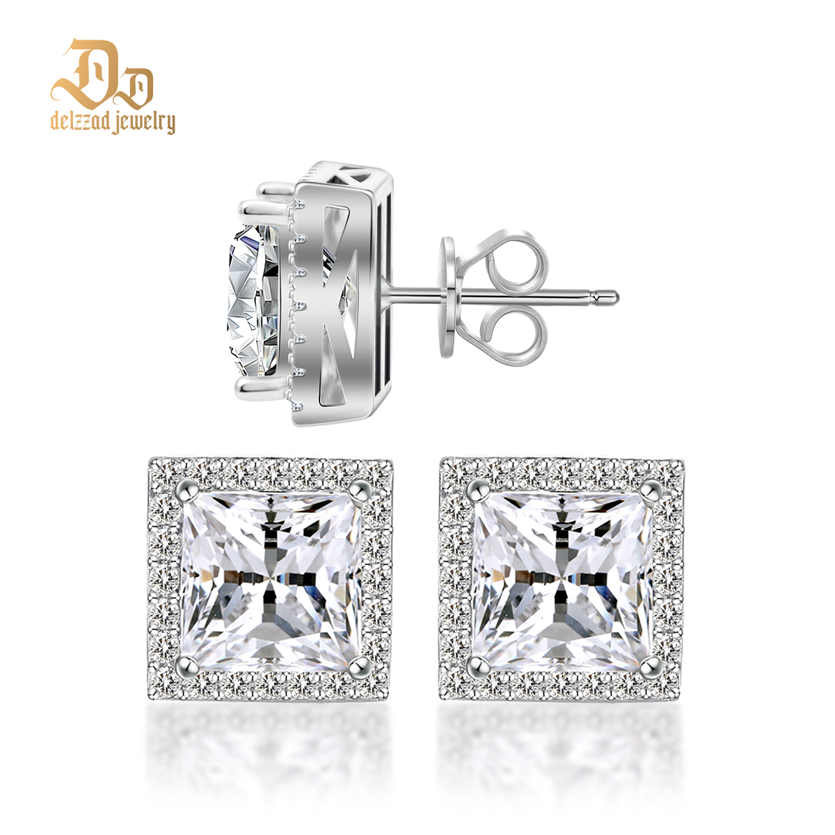 Delzzad Princess Cut Synthetic Moissanite Stud Earrings Stocking Stuffers Christmas Gifts for Men Women