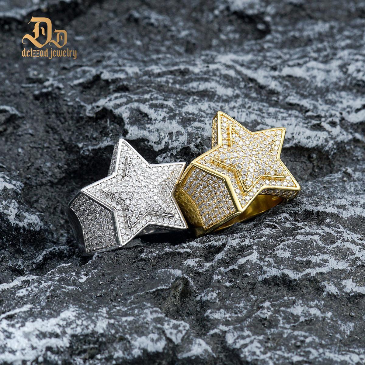Delzzad S925 Round VVS Synthetic Moissanite Hip Hop Iced Out Stars Bling Pentagram Band Ring Valentine's Day Gifts for Men