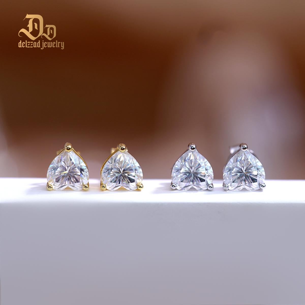 Delzzad S925 Heart Cut Synthetic Moissanite Heart Shape Solitaire Stud Earrings