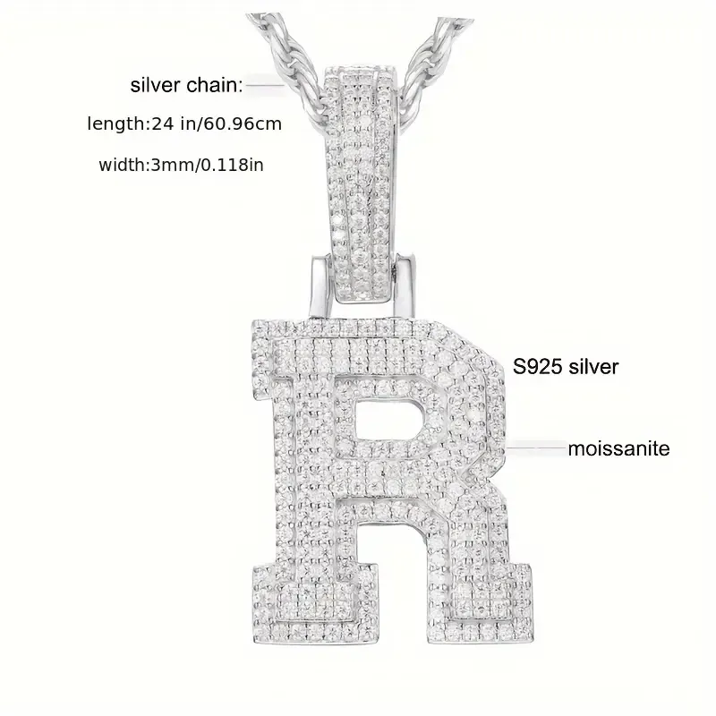 MOISSANITE SOLID ALPHBET LETTERS NAME CHARM PENDANT SMALL SIZE WHITE GOLD