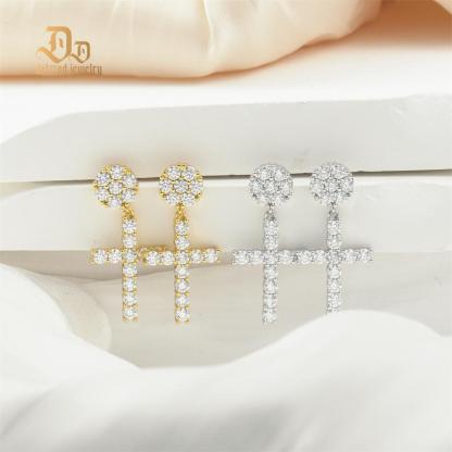 S925 Round VVS Synthetic Moissanite Hip Hop Studded Cross Dangle Earrings Valentine's Day Gift For Men Women