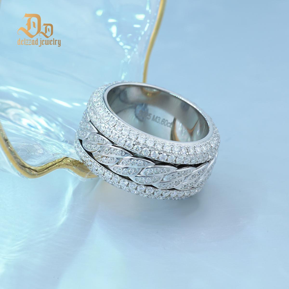 S925 Round VVS Synthetic Moissanite Rotatable Layered Iced Cuban Ring