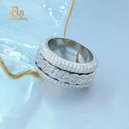 S925 Round VVS Synthetic Moissanite Rotatable Layered Iced Cuban Ring