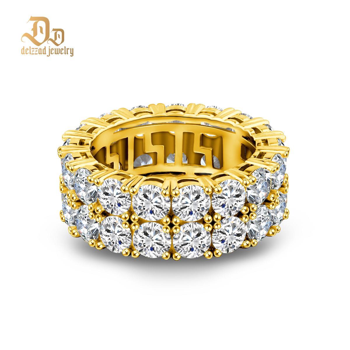 Delzzad S925 Round VVS Synthetic Moissanite Double Row Eternity Hip Hop Ring Sweetie St Valentine's Day Gifts for Men Women